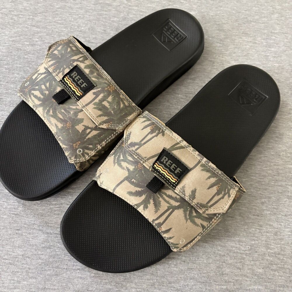 Reef Sandals Mens 10 Stash Slide Tropical Palm Print Green Slip On Comfort Flats